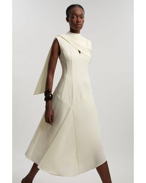 Karen Millen Tailored Crepe Cape Asymmetric Neck Detail Midi Dress - Natural