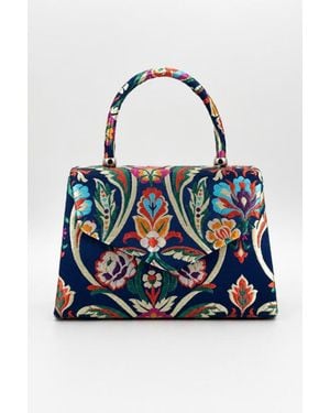 SVNX Floral Satin Embroidered Top Handle Bag - Blue