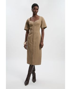 Karen Millen Tencel Cotton Contrast Stitch Zip Front Woven Midi Dress - Natural