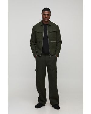 BoohooMAN Regular Fit Pocket Detail Wool Look Harrington - Green
