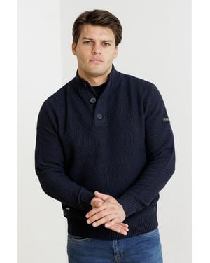 Firetrap Dark Cotton Rich Waffle Knit Funnel Neck Jumper With Buttons - Blue
