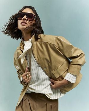 River Island Bomber Jacket Vinyl Funnel Neck - Natural