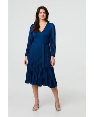 Izabel London Semi Sheer Pleated Knee Length Dress - Blue