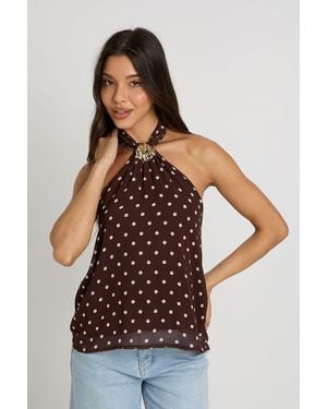Boohoo Polka Dot Halterneck Trim Chiffon Top - Brown