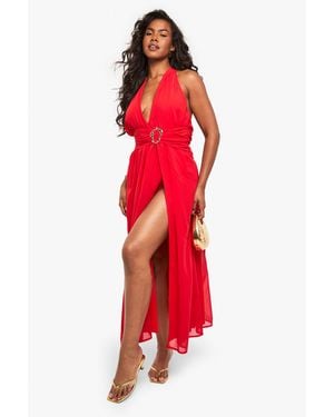 Boohoo Petite Chiffon Trim Thigh Split Maxi Dress - Red