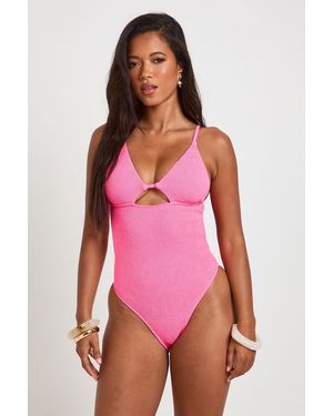 Boohoo Plunge Keyhole Cut Out Crinkle Swimsuit - Pink