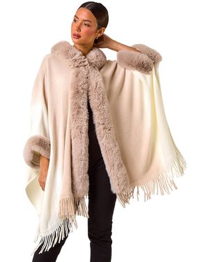 Roman Faux Fur Fringe Hem Poncho - Natural