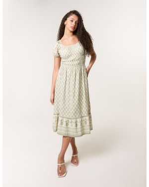 Blue Vanilla Border Print Puff Sleeve Midi Dress - Natural