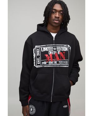 BoohooMAN Oversized Boxy Heavyweight Graphic Zip Through Hoodie Cotton - Black