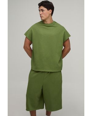 BoohooMAN Oversized Boxy Loopback Cap Sleeve T-Shirt And Jorts Set - Green