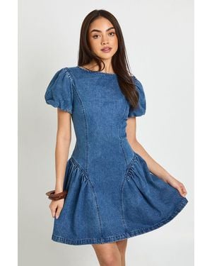 Boohoo Puff Sleeve Denim Mini Dress - Blue