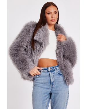 Quiz Faux Fur Glitter Cropped Jacket - Grey