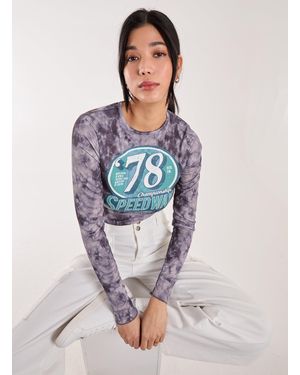 Pink Vanilla Racer Washed Printed Long Sleeve Top - Blue