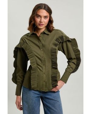 Karen Millen Cotton Poplin Pleat Detail Woven Shirt - Green