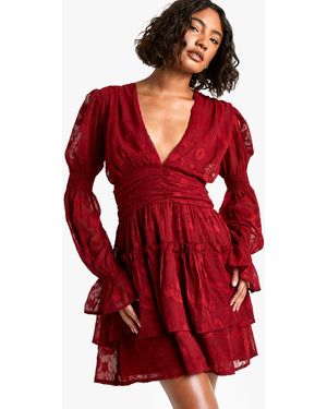 Boohoo Tall Paisley Burnout Puff Sleeve Ruched Skater Dress - Red