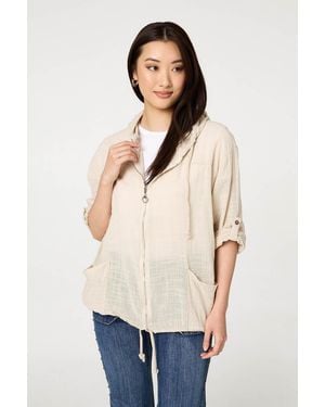 Izabel London 3/4 Sleeve Hooded Zip Front Jacket - Natural