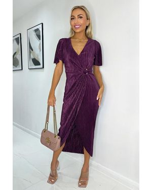 AX Paris Plum Short Sleeve Plisse Wrap Midi Dress - Purple
