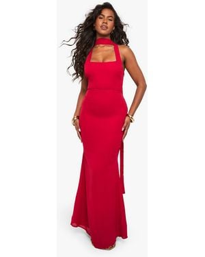 Boohoo Chiffon Scarf Detail Lace Up Back Maxi Dress - Red