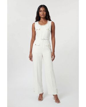 Karen Millen Compact Stretch Embellished Trim Tailored Wide Leg Jumpsuit - White