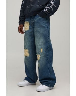BoohooMAN Baggy Fit Stacked Washed Ripped Jeans - Blue