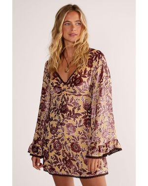 Nasty Gal (Az) Vintage Floral Devore Lace Trim Ruffle Sleeve Mini Dress - Brown