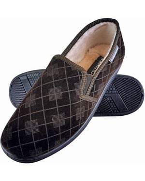Dunlop Plush Fur Lined Memory Foam Plaid Checked Moccasin Slippers With Hard Sole - Blue