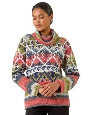 Roman Aztec Print Roll Neck Knit Jumper - Red
