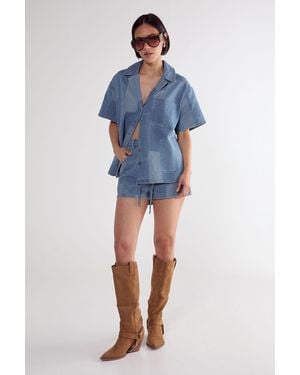 Nasty Gal (Az) Denim Patchwork Contrast Stitch Resort Shirt - Blue