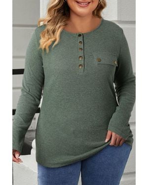 Everyday the Label Mist Plus Size Snap Button Henley Top - Green