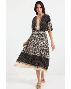 Bigdart V-Neck Lined Patterned Midi Dress - Black