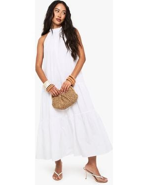 Boohoo Cotton Poplin High Neck Tiered Smock Dress - White