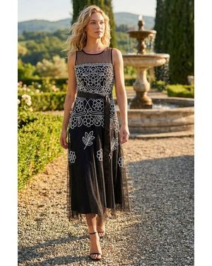 Roman Floral Embroidered Mesh Midi Dress - Black