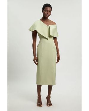 Karen Millen Polished Linen Blend Asymmetric Fold Detail Tailored Midi Pencil Dress - Green