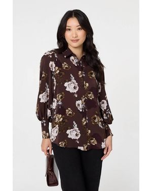 Izabel London Floral Balloon Sleeve Semi Sheer Shirt - Brown