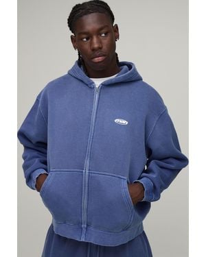 BoohooMAN Oversized Boxy Sport Washed Zip Through Hoodie - Blue