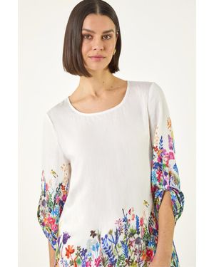 Roman Floral Border Print Tunic Top - White