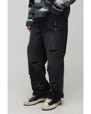 BoohooMAN Tall Rigid Star Distressed Relaxed Fit Jeans - Black