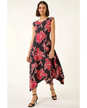 Roman Floral Print Stretch Midi Dress - Red