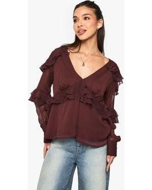 Boohoo Ruffle Chiffon Blouse - Red