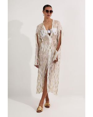 Karen Millen Beach Metallic Thread Plunge Shirt Maxi Dress - Natural