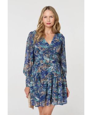 Izabel London Printed Long Sleeve Pleated Short Dress - Blue