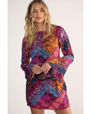 Nasty Gal Floral Patchwork Tie Back Fluted Sleeve Mini Tunic Dress - Red