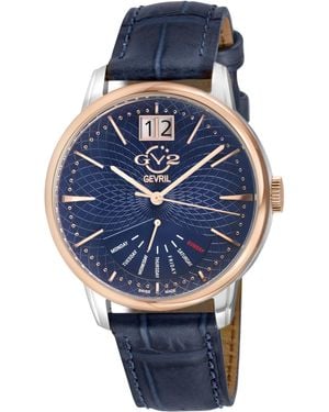Gv2 Rovescio Iprg Bezel Ring, Dial With Embossed Texture, Genuine Italian Handmade Leather Watch - Blue