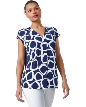 Roman Circle Ring Print V-Neck Stretch Top - Blue