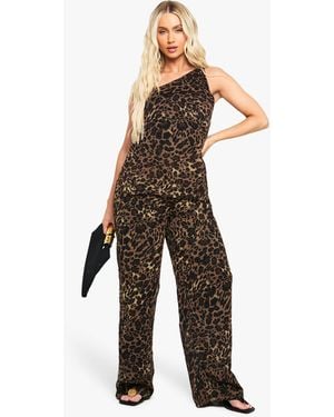 Boohoo Leopard Print Chiffon Wide Leg Jumpsuit - Brown