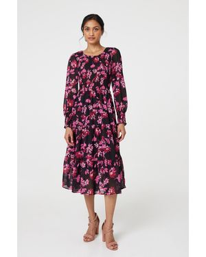 Izabel London Floral Semi Sheer Long Sleeve Midi Dress - Red