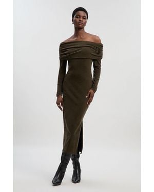 Karen Millen Petite Off The Shoulder Brushed Textured Jersey Midi Dress - Green