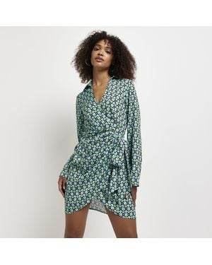 River Island Wrap Mini Dress Printed - Blue