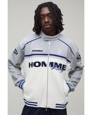BoohooMAN Boxy Fit Biker Neck Colour Block Moto Jersey Jacket - Grey