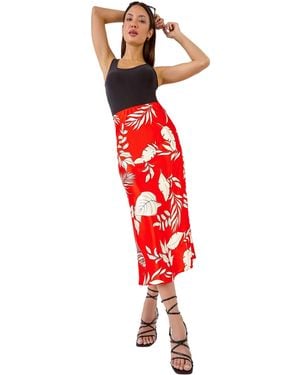 D.u.s.k Floral Satin Elastic Waist A Line Midi Skirt - Red